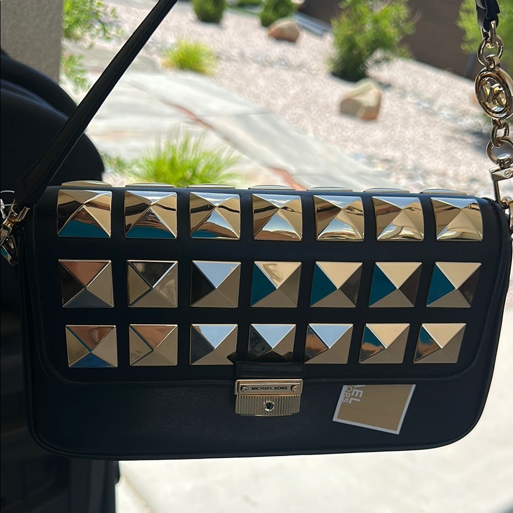 Michael Kors Black and Gold Crossbody Bag with Studded Design